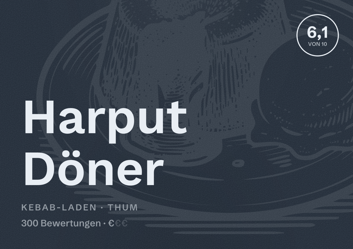 Illustriertes Poster von Harput Döner, Kebab-Laden in Thum: Bewertung 6,1 von 10 aus 300 Bewertungen, Preisniveau €