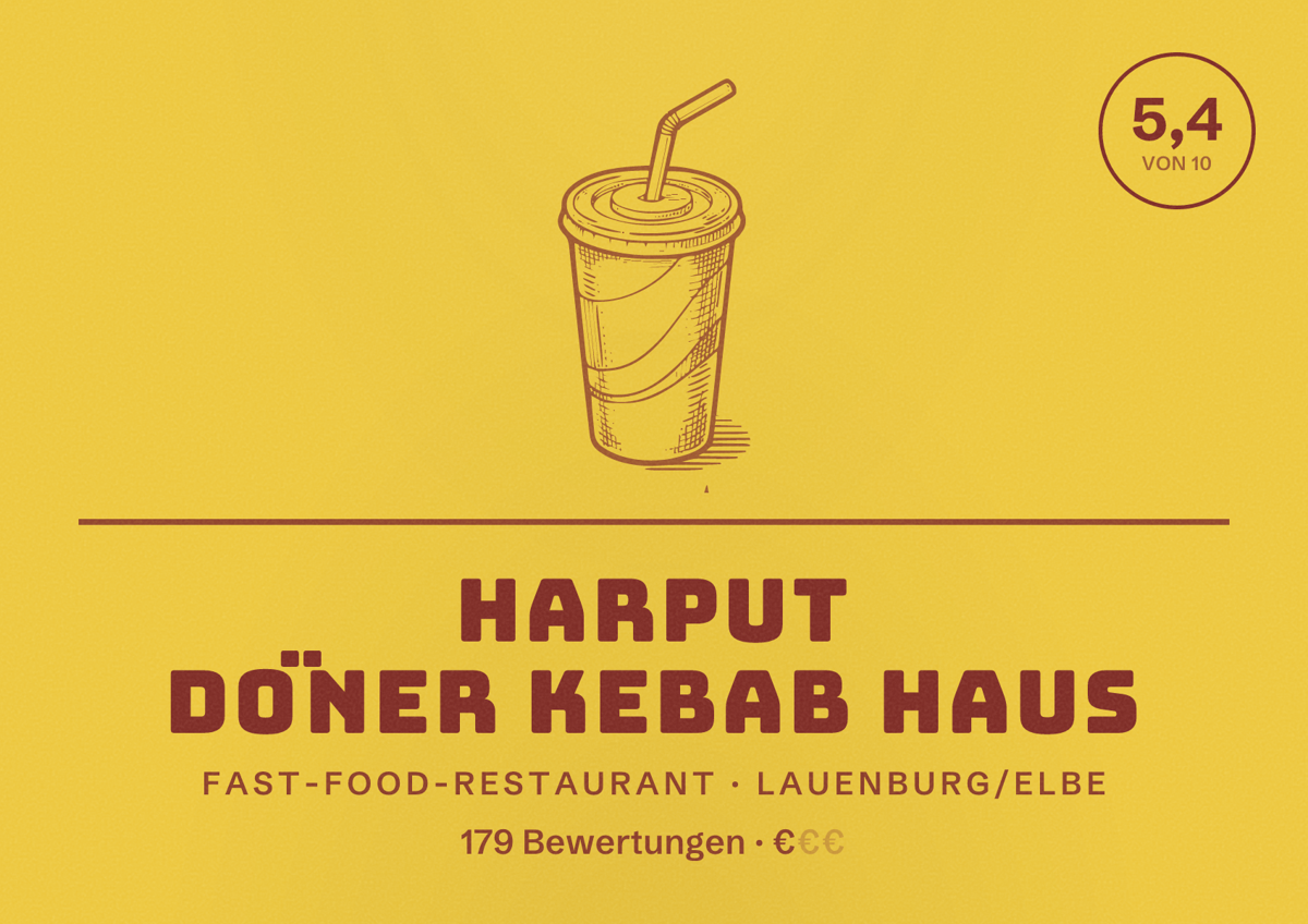 Illustriertes Poster von Harput Döner Kebab Haus, Fast-Food-Restaurant in Lauenburg/Elbe: Bewertung 5,4 von 10 aus 179 Bewertungen, Preisniveau €