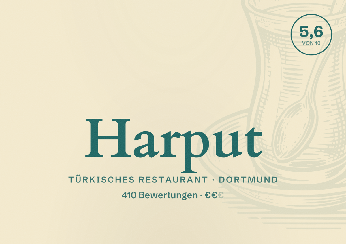 Illustriertes Poster von Harput, Türkisches Restaurant in Dortmund: Bewertung 5,6 von 10 aus 410 Bewertungen, Preisniveau €€