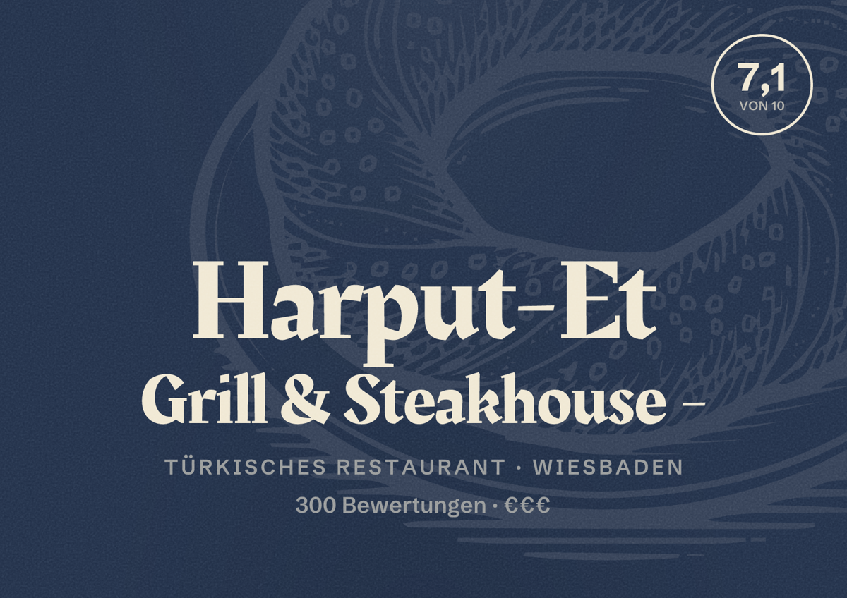 Illustriertes Poster von Harput-Et Grill & Steakhouse -, Türkisches Restaurant in Wiesbaden: Bewertung 7,1 von 10 aus 300 Bewertungen, Preisniveau €€€
