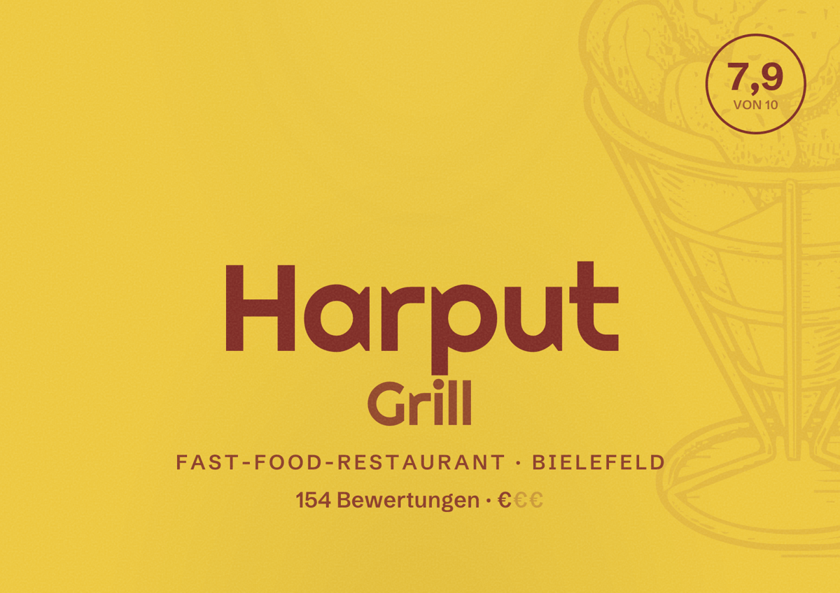 Illustriertes Poster von Harput Grill, Fast-Food-Restaurant in Bielefeld: Bewertung 7,9 von 10 aus 154 Bewertungen, Preisniveau €