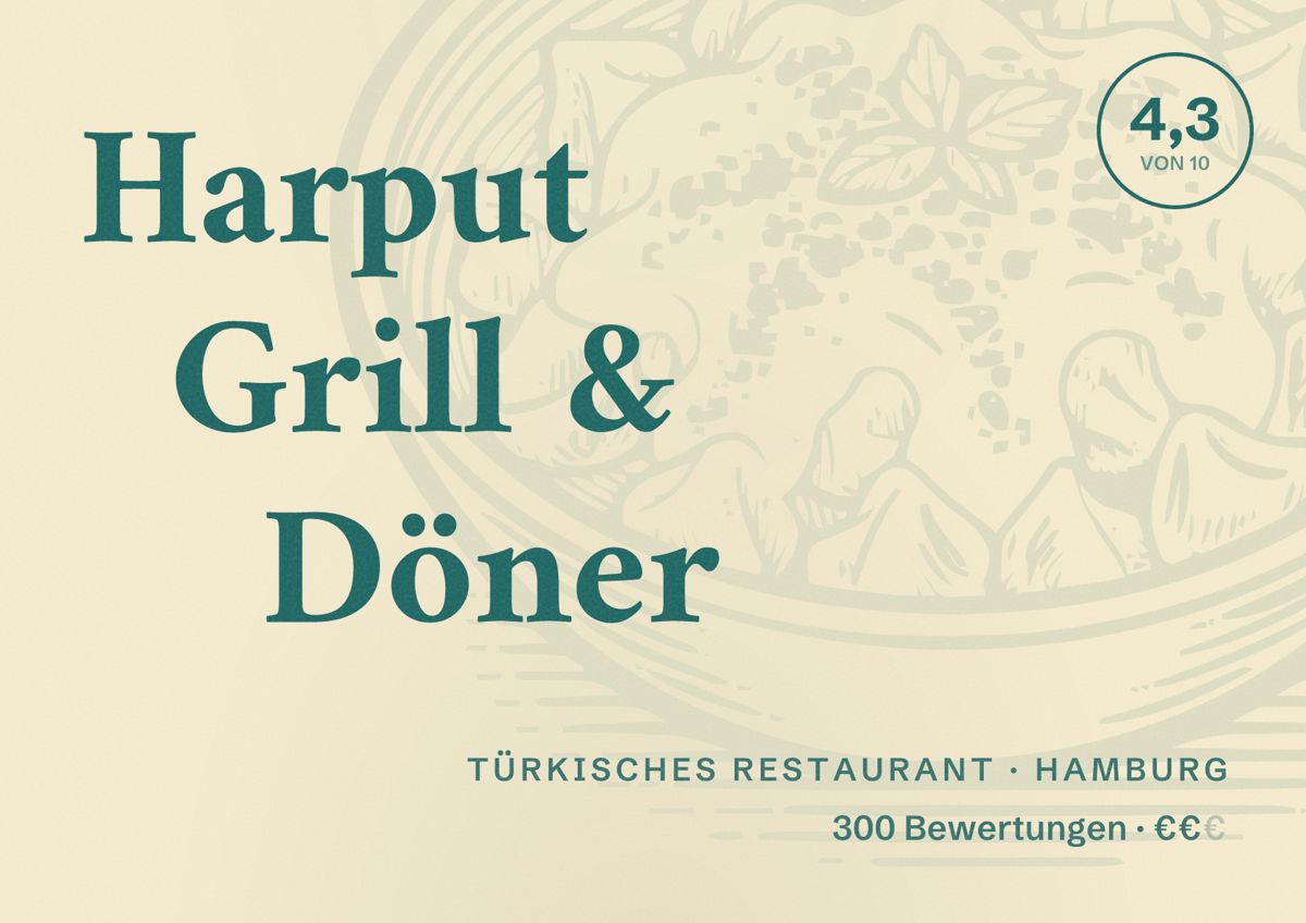Illustriertes Poster von Harput Grill & Döner, Türkisches Restaurant in Hamburg: Bewertung 4,3 von 10 aus 300 Bewertungen, Preisniveau €€