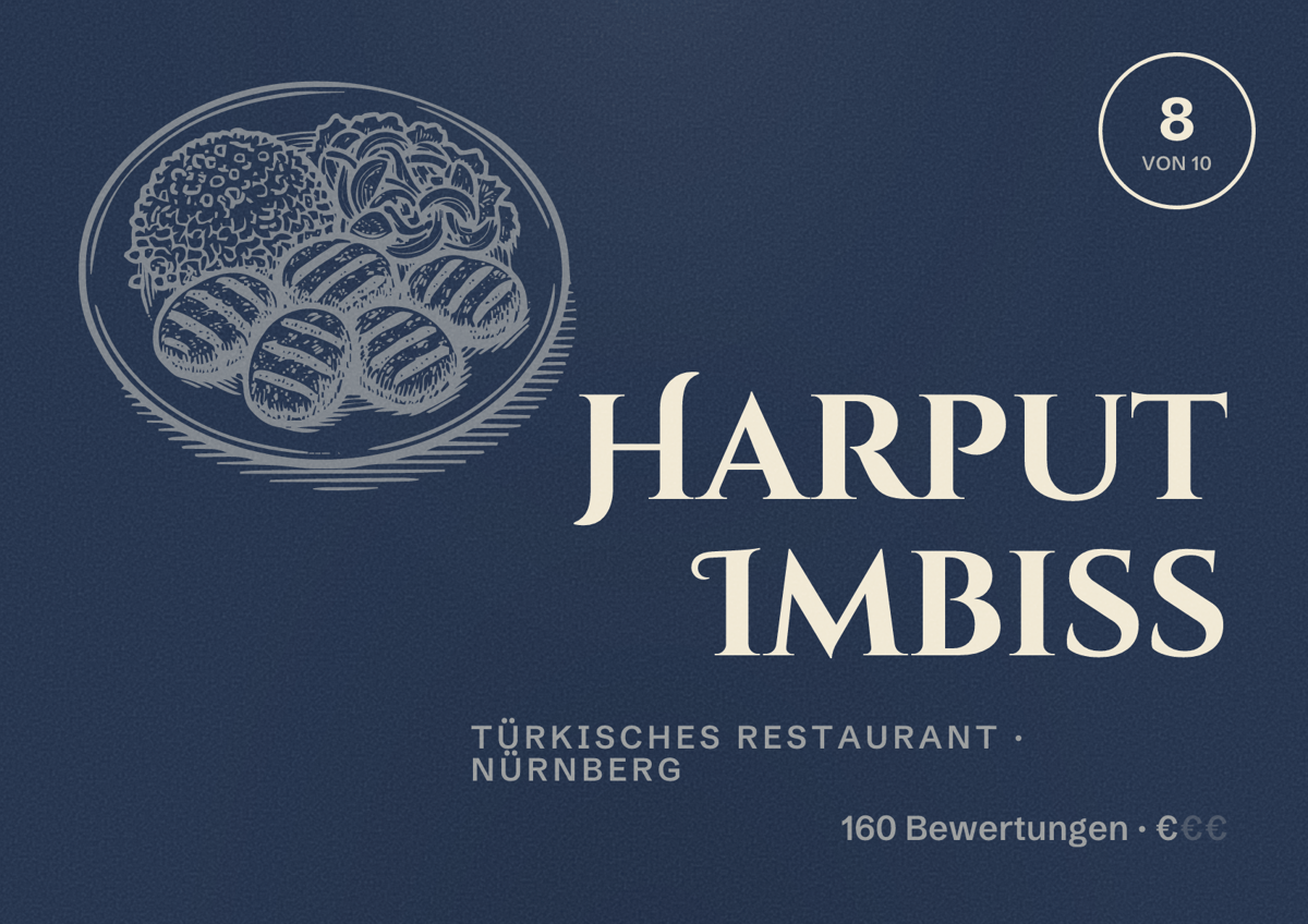 Illustriertes Poster von Harput Imbiss, Türkisches Restaurant in Nürnberg: Bewertung 8,0 von 10 aus 160 Bewertungen, Preisniveau €