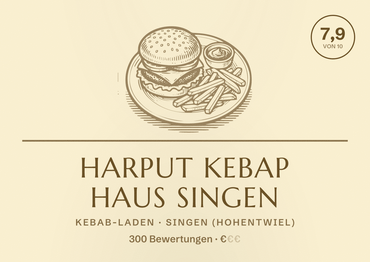 Illustriertes Poster von Harput Kebap Haus Singen, Kebab-Laden in Singen (Hohentwiel): Bewertung 7,9 von 10 aus 300 Bewertungen, Preisniveau €