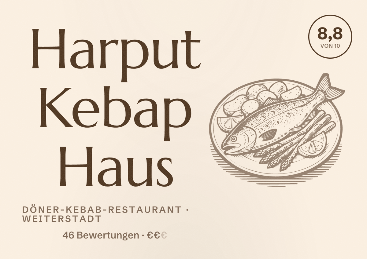 Illustriertes Poster von Harput Kebap Haus, Döner-Kebab-Restaurant in Weiterstadt: Bewertung 8,8 von 10 aus 46 Bewertungen, Preisniveau €€