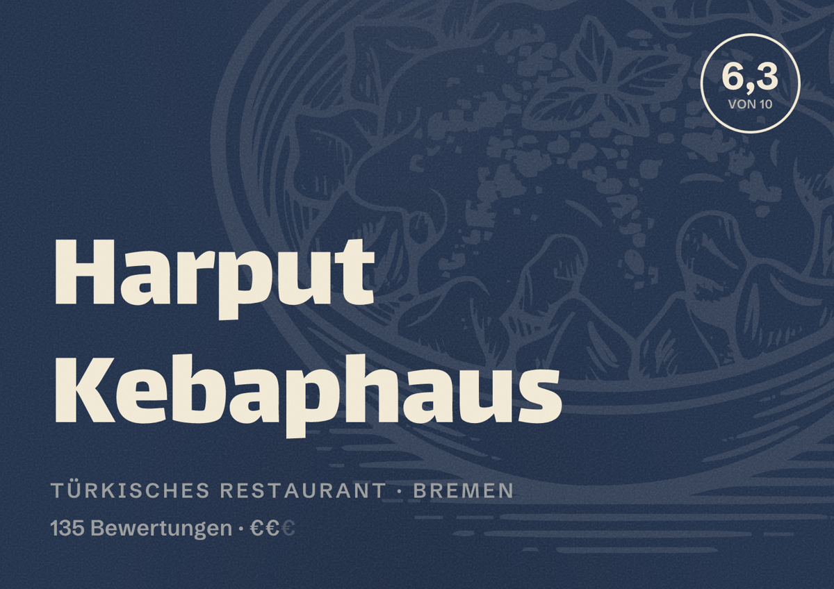 Illustriertes Poster von Harput Kebaphaus, Türkisches Restaurant in Bremen: Bewertung 6,3 von 10 aus 135 Bewertungen, Preisniveau €€