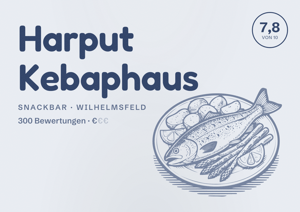 Illustriertes Poster von Harput Kebaphaus, Snackbar in Wilhelmsfeld: Bewertung 7,8 von 10 aus 300 Bewertungen, Preisniveau €