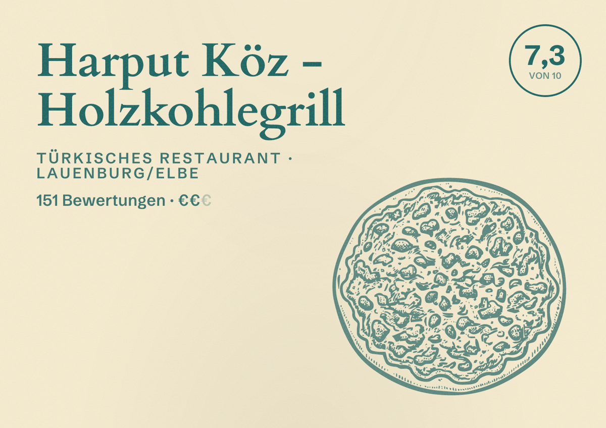 Illustriertes Poster von Harput Köz - Holzkohlegrill, Türkisches Restaurant in Lauenburg/Elbe: Bewertung 7,3 von 10 aus 151 Bewertungen, Preisniveau €€