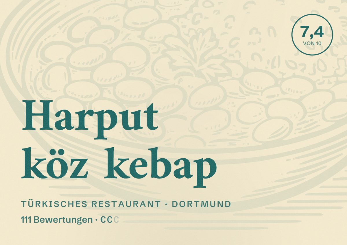 Illustriertes Poster von Harput köz kebap, Türkisches Restaurant in Dortmund: Bewertung 7,4 von 10 aus 111 Bewertungen, Preisniveau €€