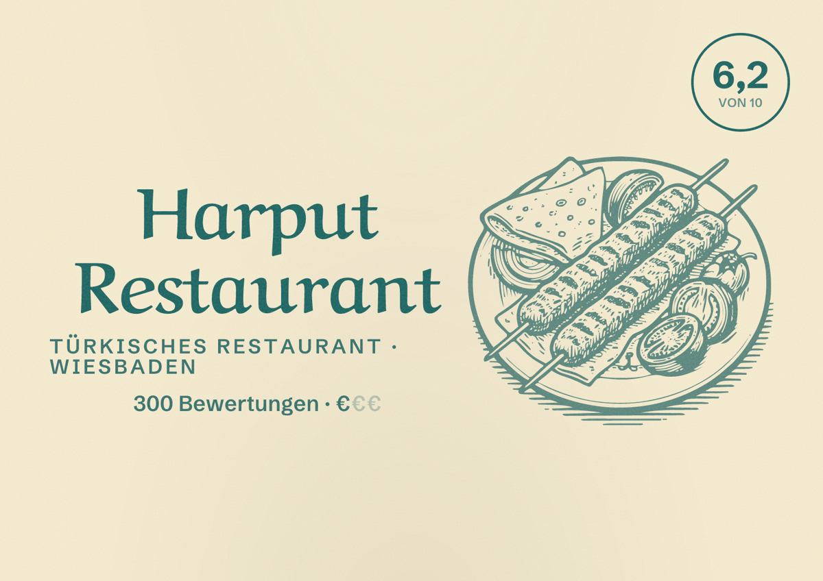 Illustriertes Poster von Harput Restaurant, Türkisches Restaurant in Wiesbaden: Bewertung 6,2 von 10 aus 300 Bewertungen, Preisniveau €