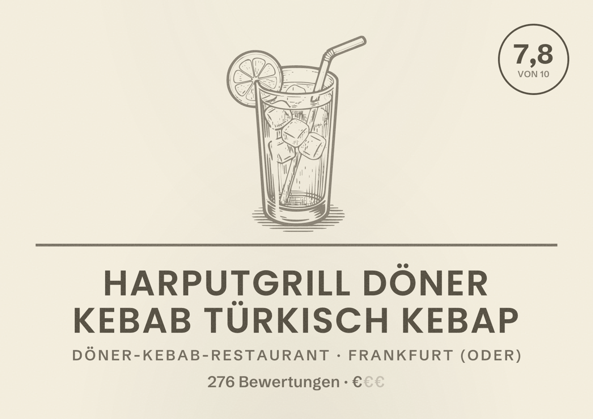 Illustriertes Poster von Harputgrill Döner Kebab türkisch kebap, Döner-Kebab-Restaurant in Frankfurt (Oder): Bewertung 7,8 von 10 aus 276 Bewertungen, Preisniveau €