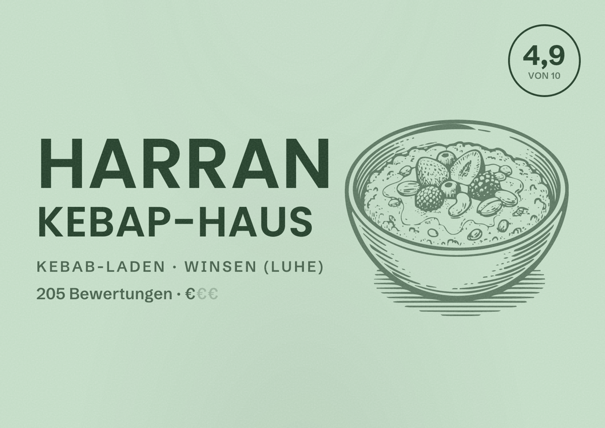 Illustriertes Poster von Harran Kebap-Haus, Kebab-Laden in Winsen (Luhe): Bewertung 4,9 von 10 aus 205 Bewertungen, Preisniveau €