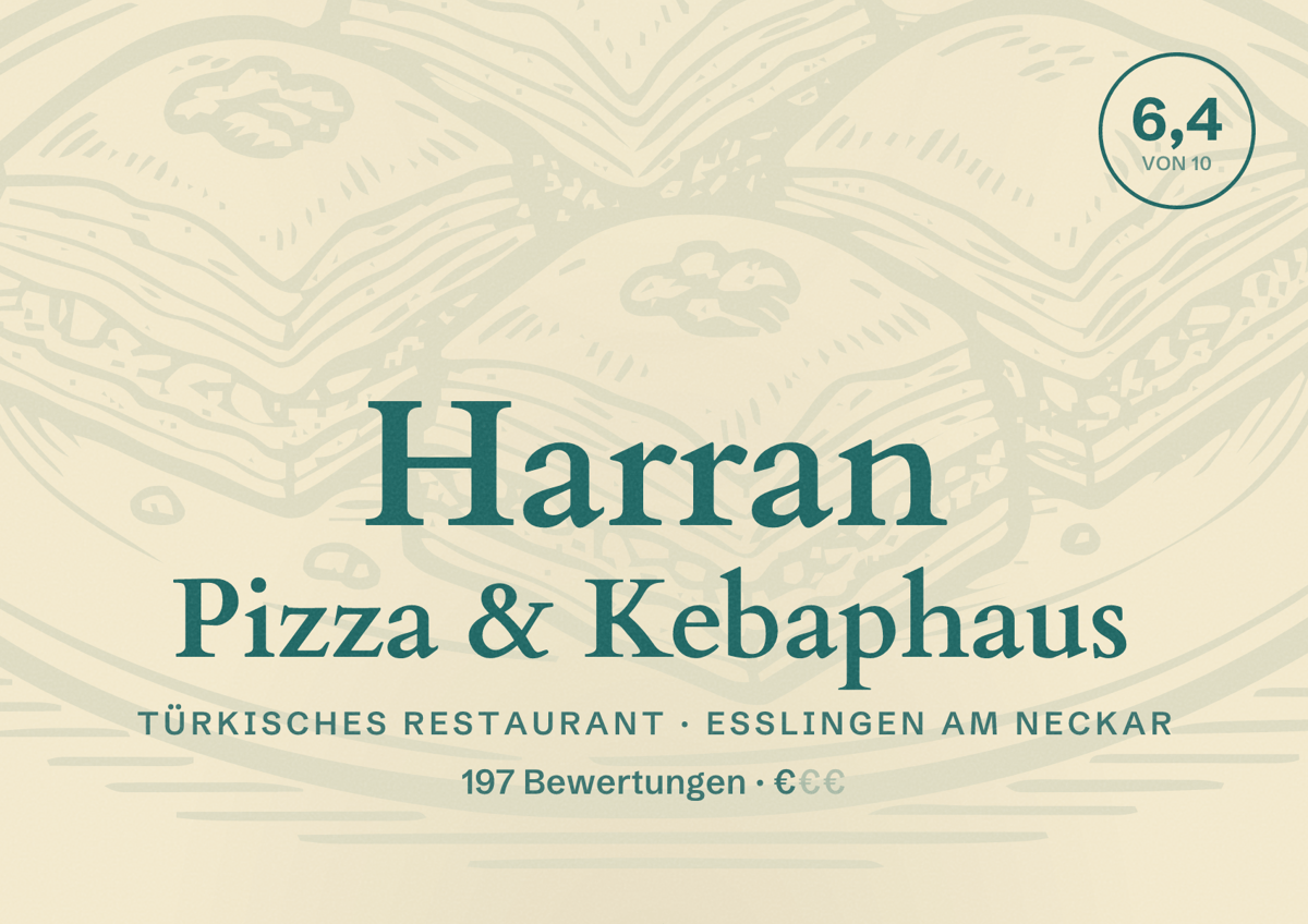 Illustriertes Poster von Harran Pizza & Kebaphaus, Türkisches Restaurant in Esslingen am Neckar: Bewertung 6,4 von 10 aus 197 Bewertungen, Preisniveau €