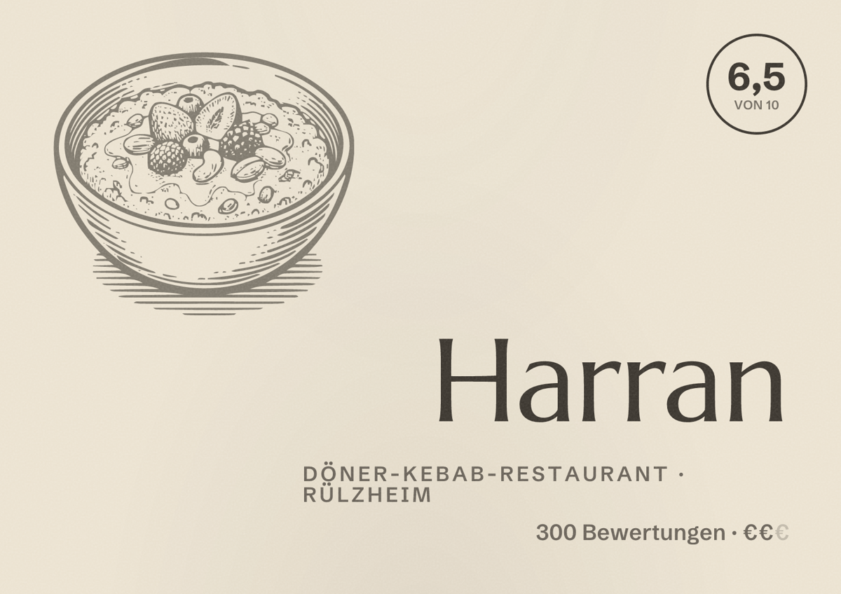 Illustriertes Poster von Harran, Döner-Kebab-Restaurant in Rülzheim: Bewertung 6,5 von 10 aus 300 Bewertungen, Preisniveau €€