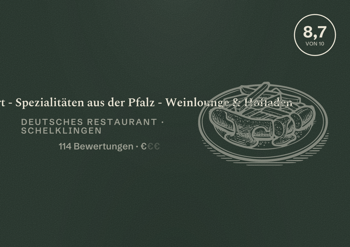 Illustriertes Poster von Harry Reichert - Spezialitäten aus der Pfalz - Weinlounge & Hofladen, Deutsches Restaurant in Schelklingen: Bewertung 8,7 von 10 aus 114 Bewertungen, Preisniveau €