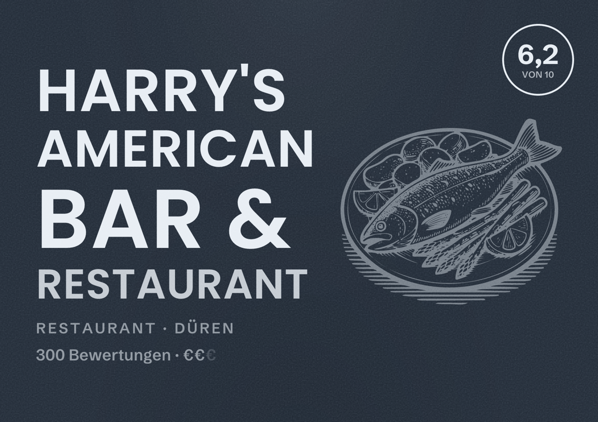 Illustriertes Poster von Harry's American Bar & Restaurant, Restaurant in Düren: Bewertung 6,2 von 10 aus 300 Bewertungen, Preisniveau €€