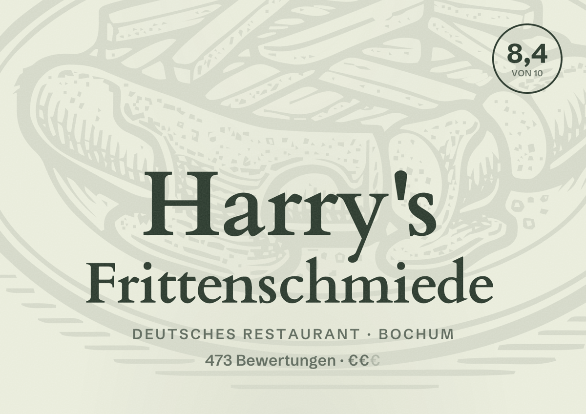 Illustriertes Poster von Harry's Frittenschmiede, Deutsches Restaurant in Bochum: Gästebewertung 8,4 von 10 aus 473 Bewertungen