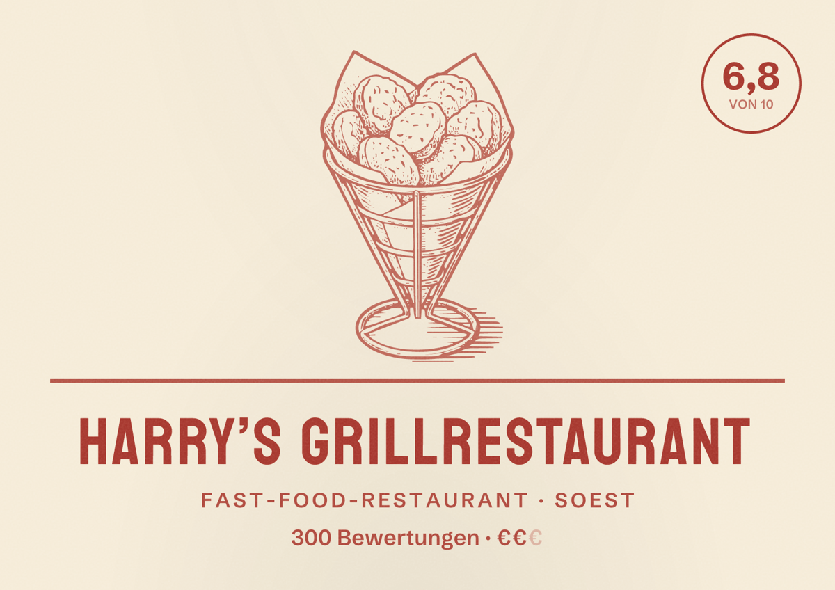 Illustriertes Poster von Harry’s Grillrestaurant, Fast-Food-Restaurant in Soest: Bewertung 6,8 von 10 aus 300 Bewertungen, Preisniveau €€