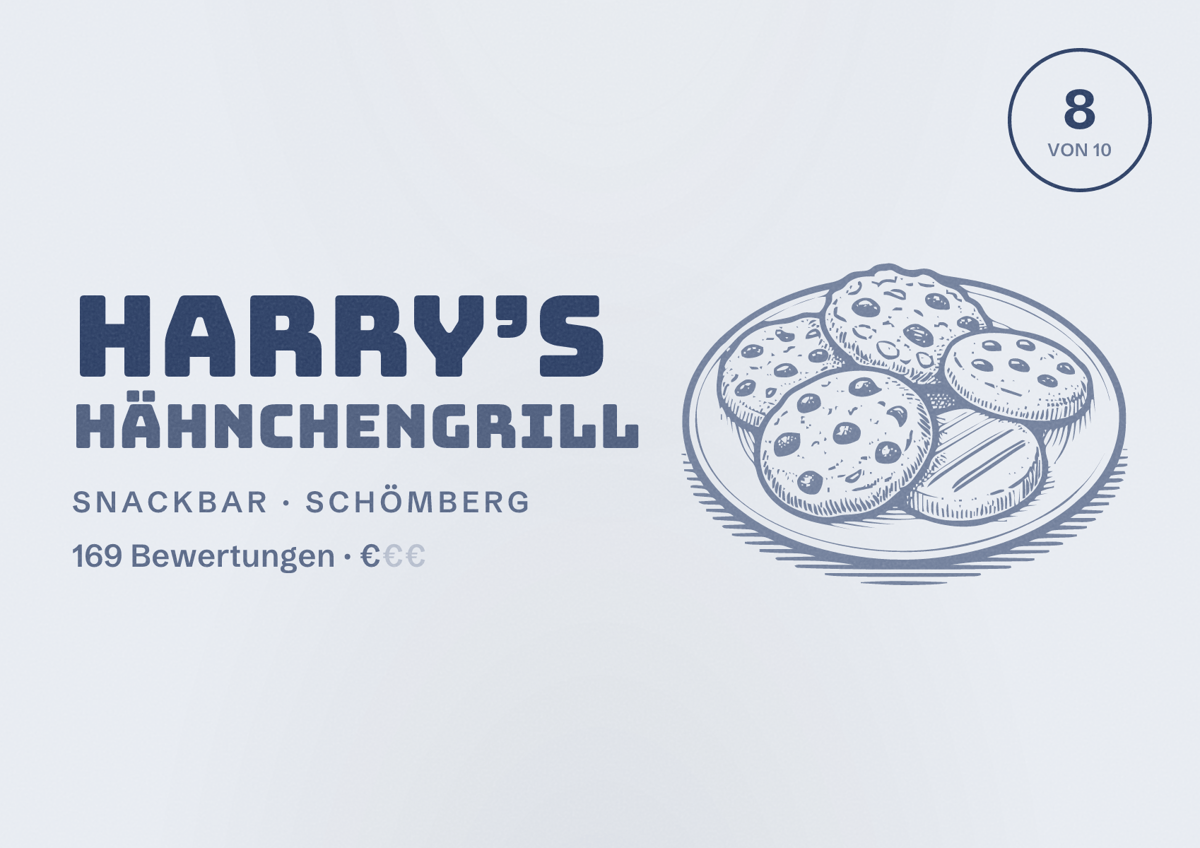 Illustriertes Poster von Harry’s Hähnchengrill, Snackbar in Schömberg: Bewertung 8 von 10 aus 169 Bewertungen, Preisniveau €