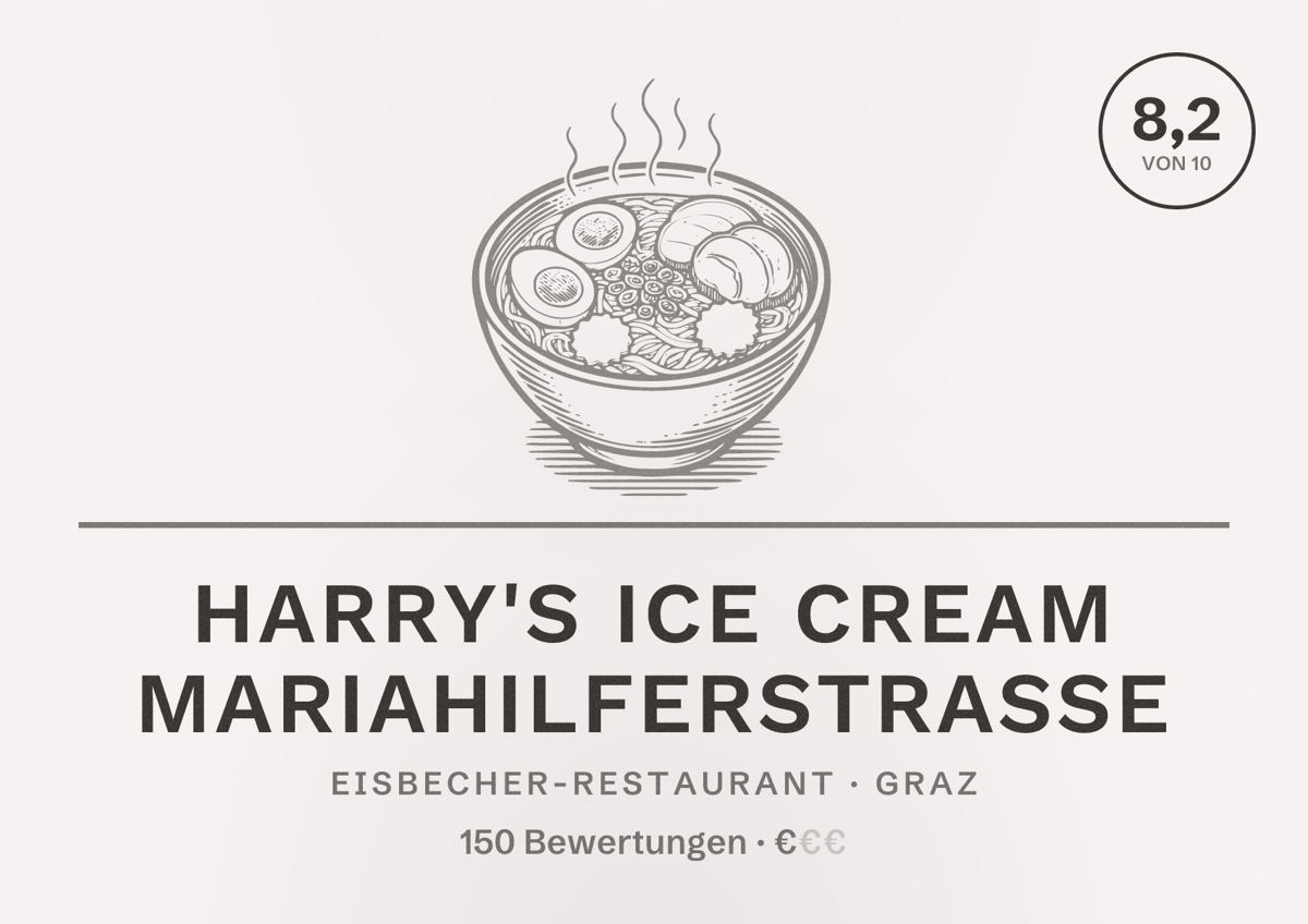 Illustriertes Poster von Harry's ICE Cream Mariahilferstrasse, Eisbecher-Restaurant in Graz: Bewertung 8,2 von 10 aus 150 Bewertungen, Preisniveau €