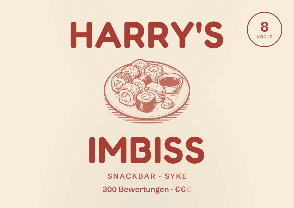 Illustriertes Poster von Harry's Imbiss, Snackbar in Syke: Bewertung 8 von 10 aus 300 Bewertungen, Preisniveau €€