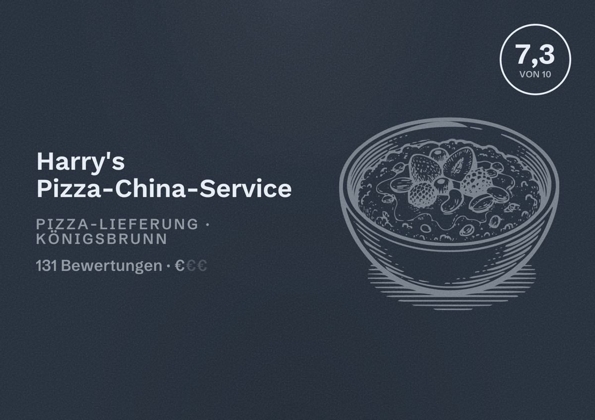 Illustriertes Poster von Harry's Pizza-China-Service, Pizza-Lieferung in Königsbrunn: Bewertung 7,3 von 10 aus 131 Bewertungen, Preisniveau €