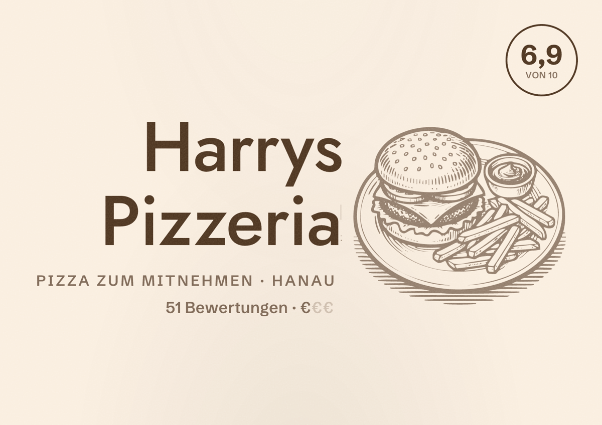 Illustriertes Poster von Harrys Pizzeria, Pizza zum Mitnehmen in Hanau: Bewertung 6,9 von 10 aus 51 Bewertungen, Preisniveau €