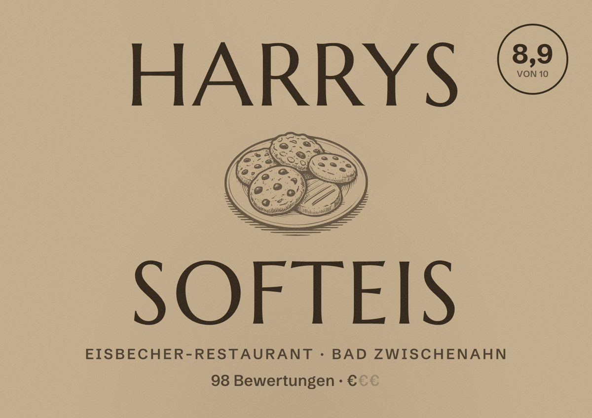 Illustriertes Poster von HARRYS SOFTEIS, Eisbecher-Restaurant in Bad Zwischenahn: Bewertung 8,9 von 10 aus 98 Bewertungen, Preisniveau €
