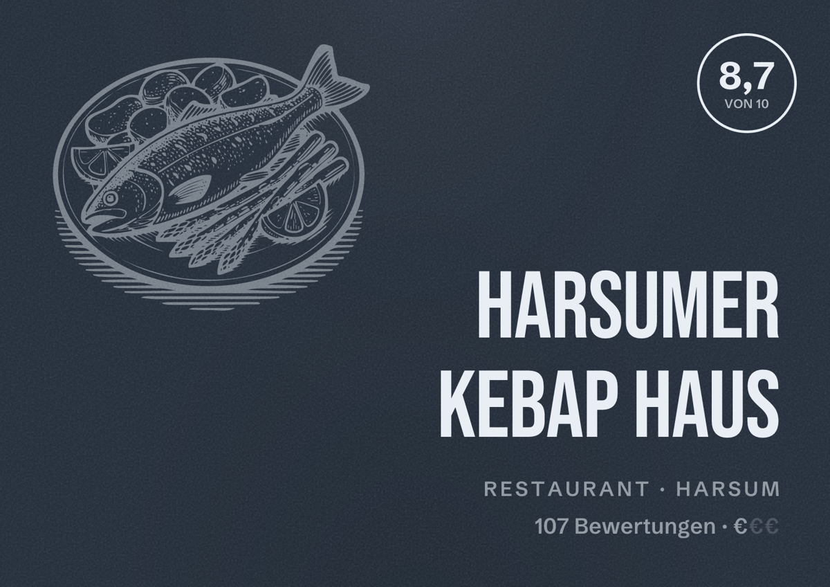 Illustriertes Poster von Harsumer Kebap Haus, Restaurant in Harsum: Bewertung 8,7 von 10 aus 107 Bewertungen, Preisniveau €
