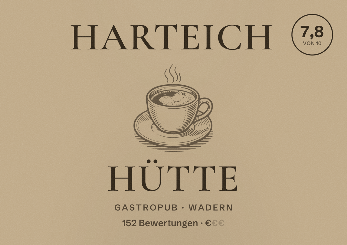 Illustriertes Poster von Harteich Hütte, Gastropub in Wadern: Bewertung 7,8 von 10 aus 152 Bewertungen, Preisniveau €