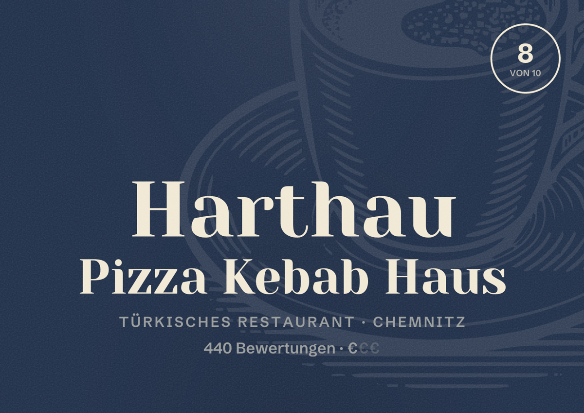 Illustriertes Poster von Harthau Pizza Kebab Haus, Türkisches Restaurant in Chemnitz: Bewertung 8,0 von 10 aus 440 Bewertungen, Preisniveau €