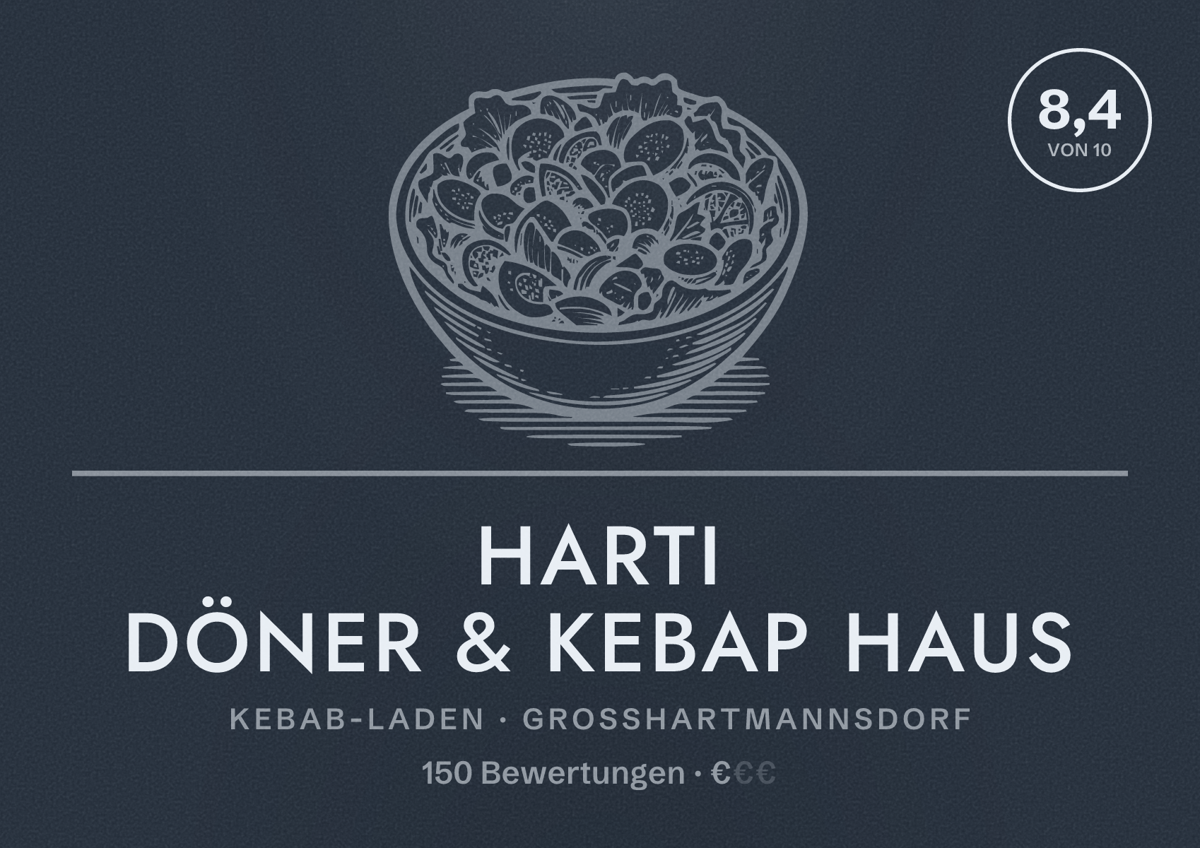 Illustriertes Poster von Harti Döner & Kebap Haus, Kebab-Laden in Großhartmannsdorf: Bewertung 8,4 von 10 aus 150 Bewertungen, Preisniveau €