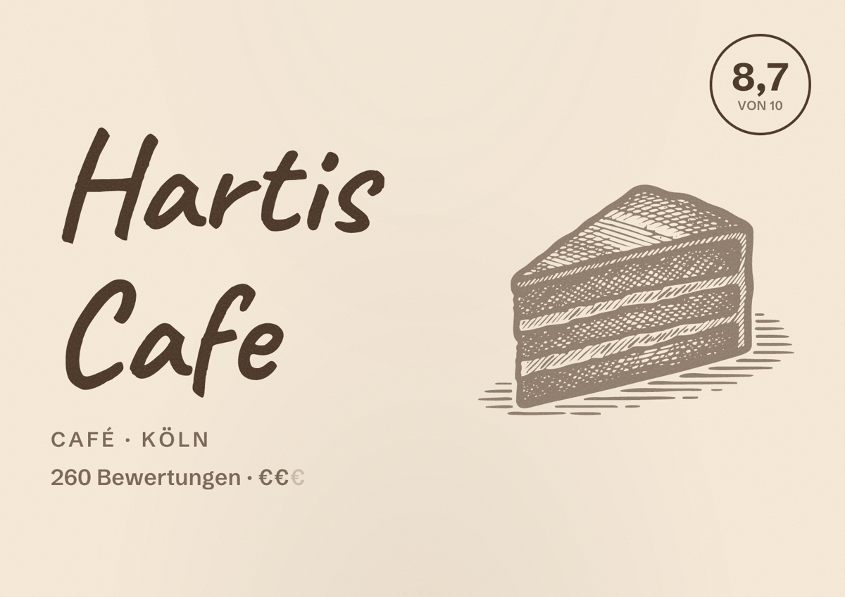 Illustriertes Poster von Hartis Cafe, Café in Köln: Bewertung 8,7 von 10 aus 260 Bewertungen, Preisniveau €€