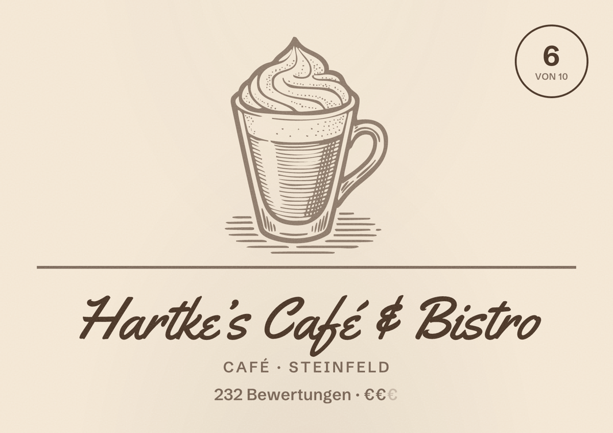 Illustriertes Poster von Hartke’s Café & Bistro, Café in Steinfeld: Bewertung 6 von 10 aus 232 Bewertungen, Preisniveau €€