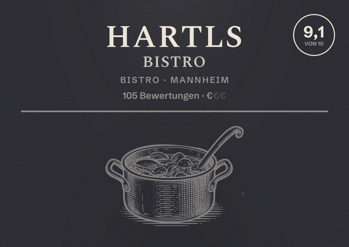 Illustriertes Poster von Hartls Bistro, Bistro in Mannheim: Bewertung 9,1 von 10 aus 105 Bewertungen, Preisniveau €