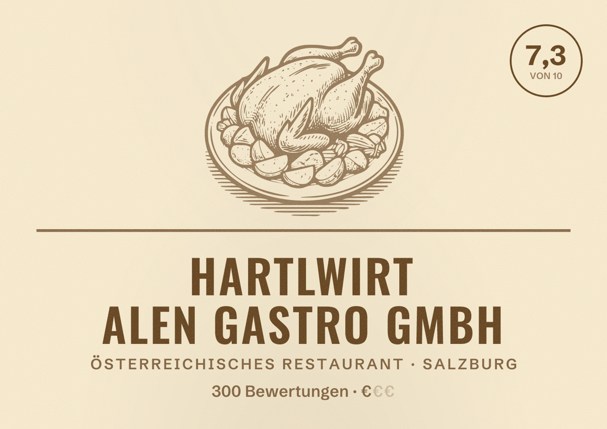 Illustriertes Poster von Hartlwirt ALEN Gastro GmbH, Österreichisches Restaurant in Salzburg: Bewertung 7,3 von 10 aus 300 Bewertungen, Preisniveau €