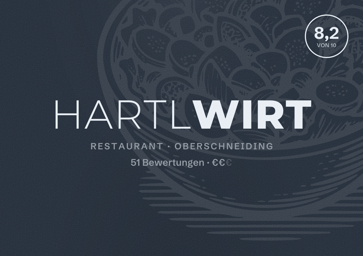 Illustriertes Poster von Hartlwirt, Restaurant in Oberschneiding: Bewertung 8,2 von 10 aus 51 Bewertungen, Preisniveau €€