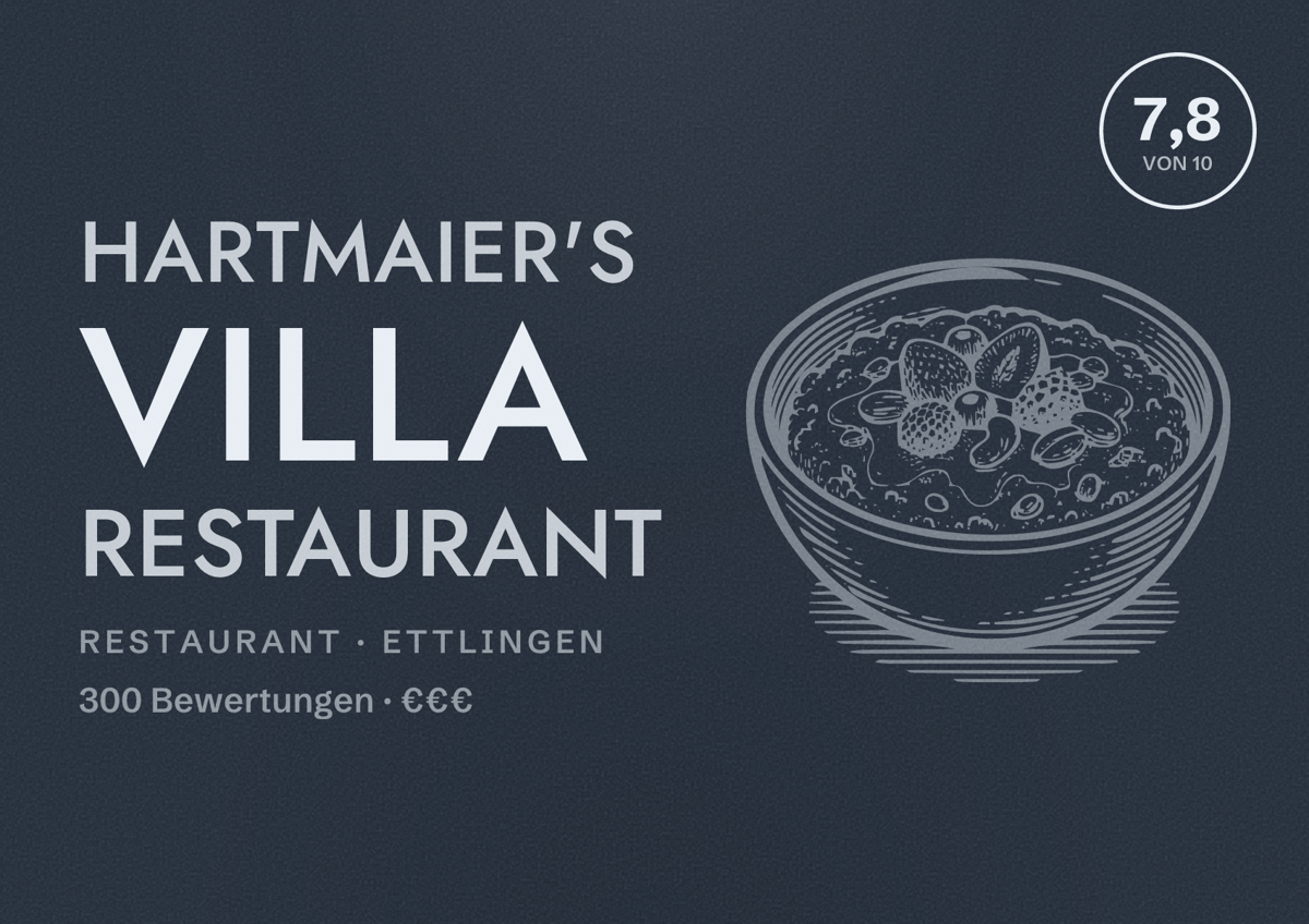 Illustriertes Poster von Hartmaier's Villa Restaurant, Restaurant in Ettlingen: Bewertung 7,8 von 10 aus 300 Bewertungen, Preisniveau €€€