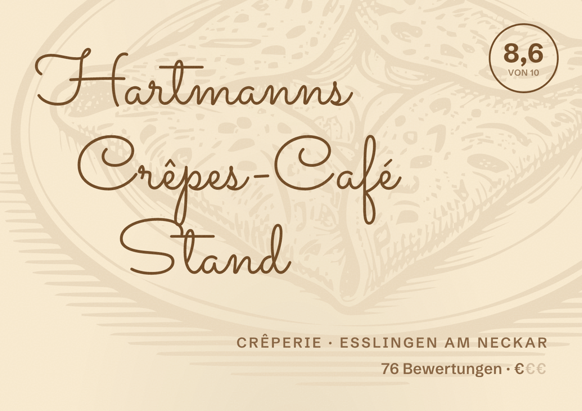 Illustriertes Poster von Hartmanns Crêpes-Café Stand, Crêperie in Esslingen am Neckar: Bewertung 8,6 von 10 aus 76 Bewertungen, Preisniveau €