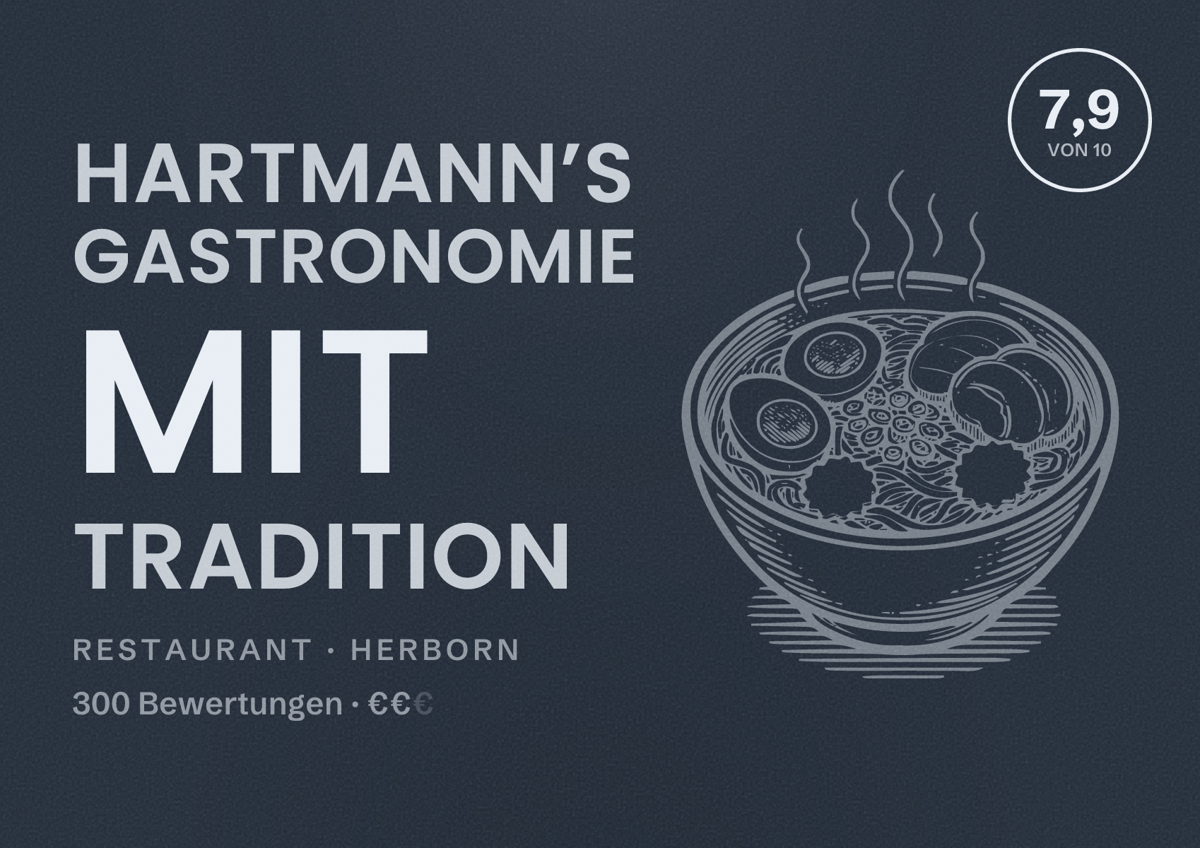 Illustriertes Poster von Hartmann’s Gastronomie mit Tradition, Restaurant in Herborn: Bewertung 7,9 von 10 aus 300 Bewertungen, Preisniveau €€