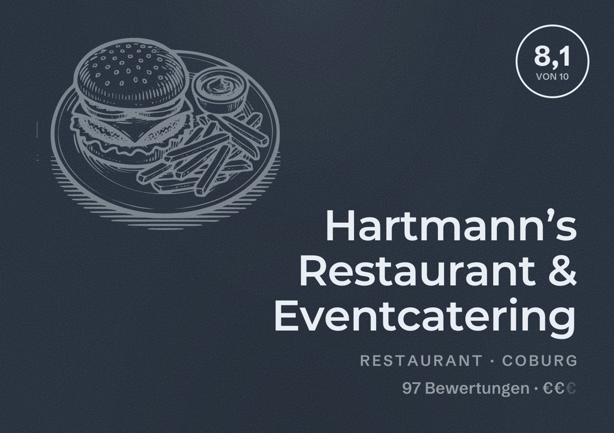 Illustriertes Poster von Hartmann’s Restaurant & Eventcatering, Restaurant in Coburg: Bewertung 8,1 von 10 aus 97 Bewertungen, Preisniveau €€
