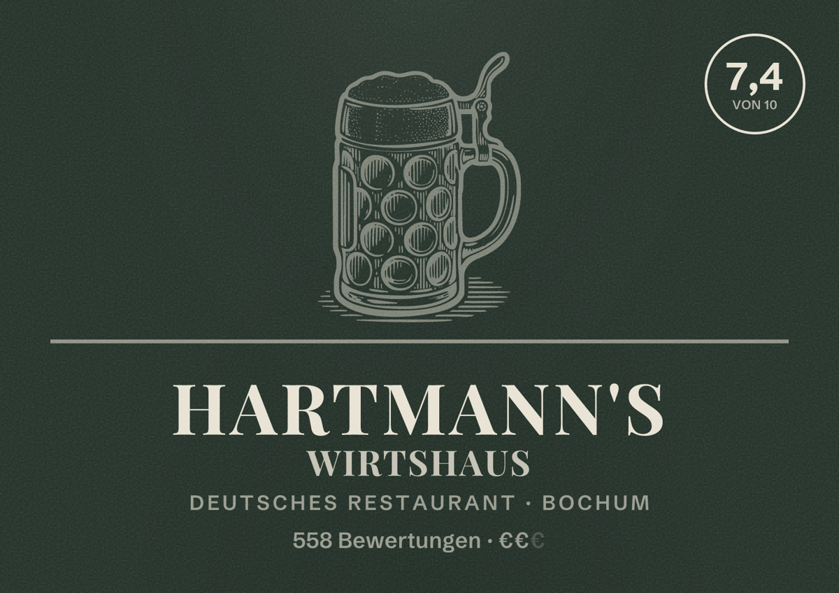Illustriertes Poster von Hartmann's Wirtshaus, Deutsches Restaurant in Bochum: Bewertung 7,4 von 10 aus 558 Bewertungen, Preisniveau €€