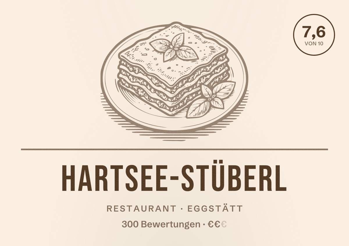 Illustriertes Poster von Hartsee-Stüberl, Restaurant in Eggstätt: Bewertung 7,6 von 10 aus 300 Bewertungen, Preisniveau €€