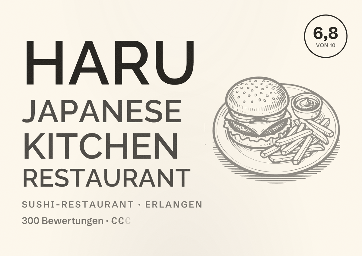 Illustriertes Poster von haru japanese kitchen Restaurant, Sushi-Restaurant in Erlangen: Bewertung 6,8 von 10 aus 300 Bewertungen, Preisniveau €€