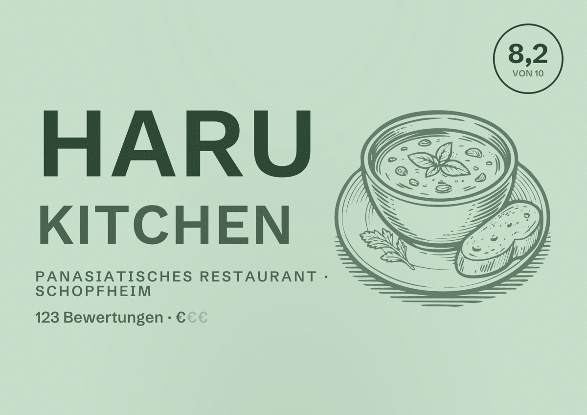 Illustriertes Poster von Haru Kitchen, Panasiatisches Restaurant in Schopfheim: Bewertung 8,2 von 10 aus 123 Bewertungen, Preisniveau €