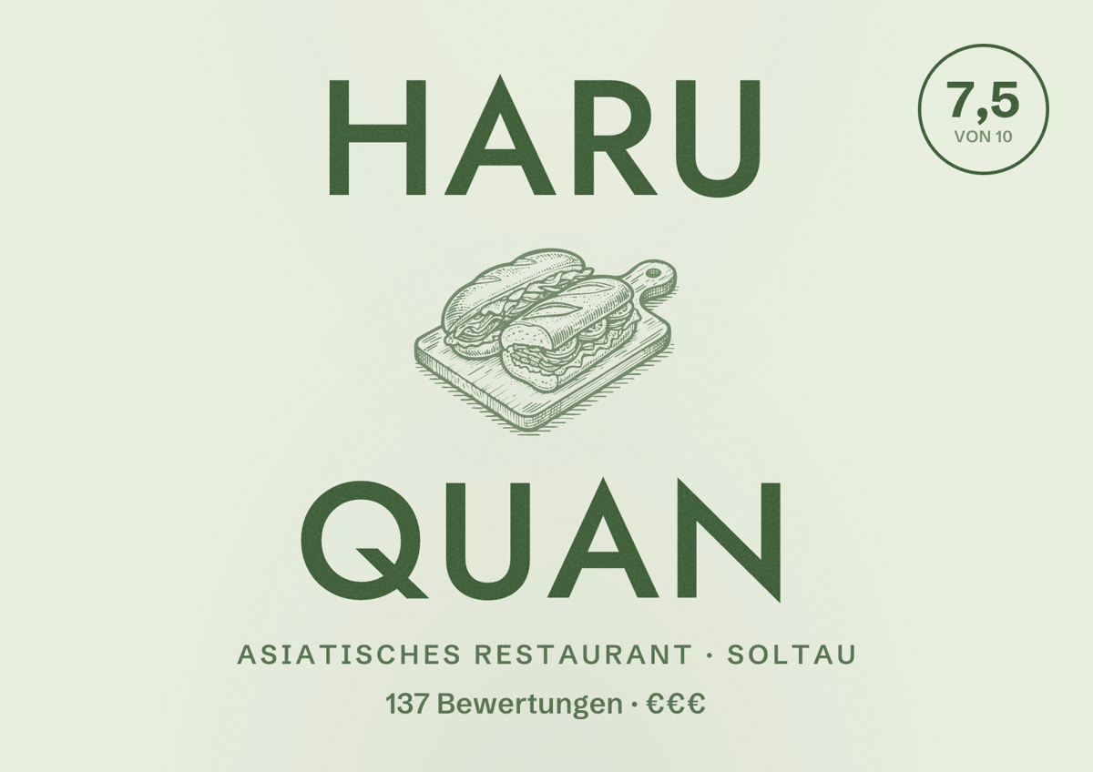 Illustriertes Poster von Haru Quan, Asiatisches Restaurant in Soltau: Bewertung 7,5 von 10 aus 137 Bewertungen, Preisniveau €€€