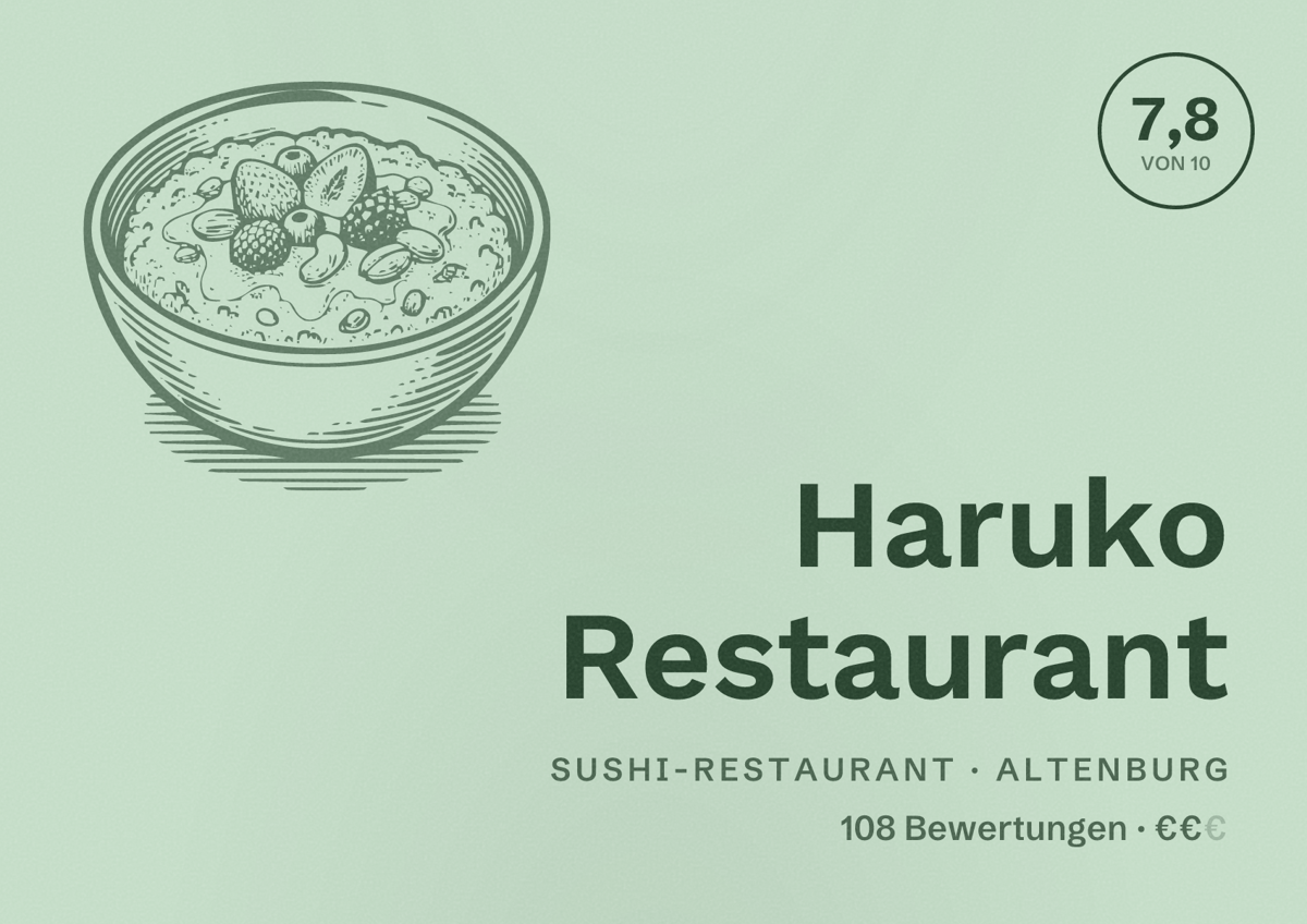 Illustriertes Poster von Haruko Restaurant, Sushi-Restaurant in Altenburg: Bewertung 7,8 von 10 aus 108 Bewertungen, Preisniveau €€
