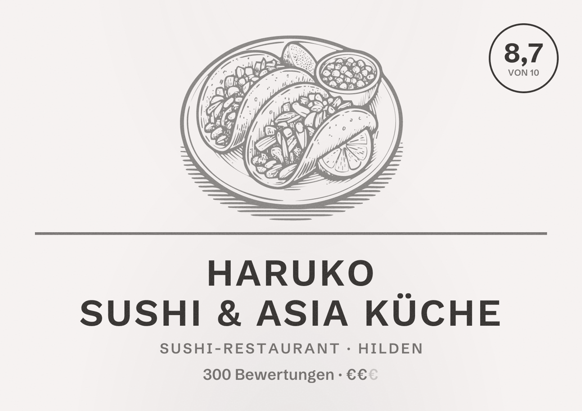 Illustriertes Poster von HARUKO Sushi & Asia Küche, Sushi-Restaurant in Hilden: Bewertung 8,7 von 10 aus 300 Bewertungen, Preisniveau €€