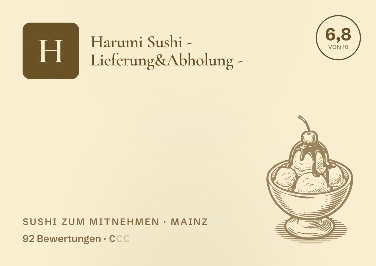 Illustriertes Poster von Harumi Sushi - Lieferung&Abholung -, Sushi zum Mitnehmen in Mainz: Bewertung 6,8 von 10 aus 92 Bewertungen, Preisniveau €
