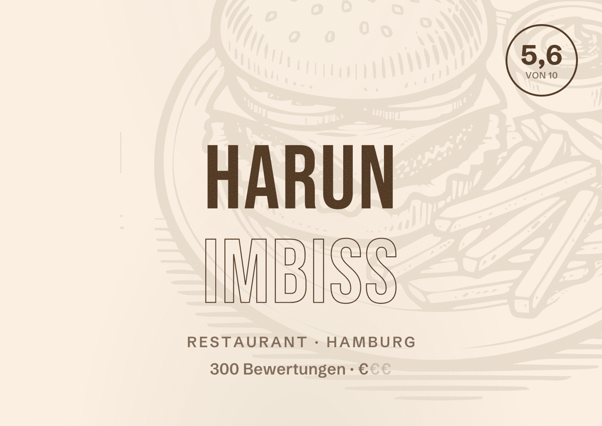 Illustriertes Poster von Harun Imbiss, Restaurant in Hamburg: Bewertung 5,6 von 10 aus 300 Bewertungen, Preisniveau €